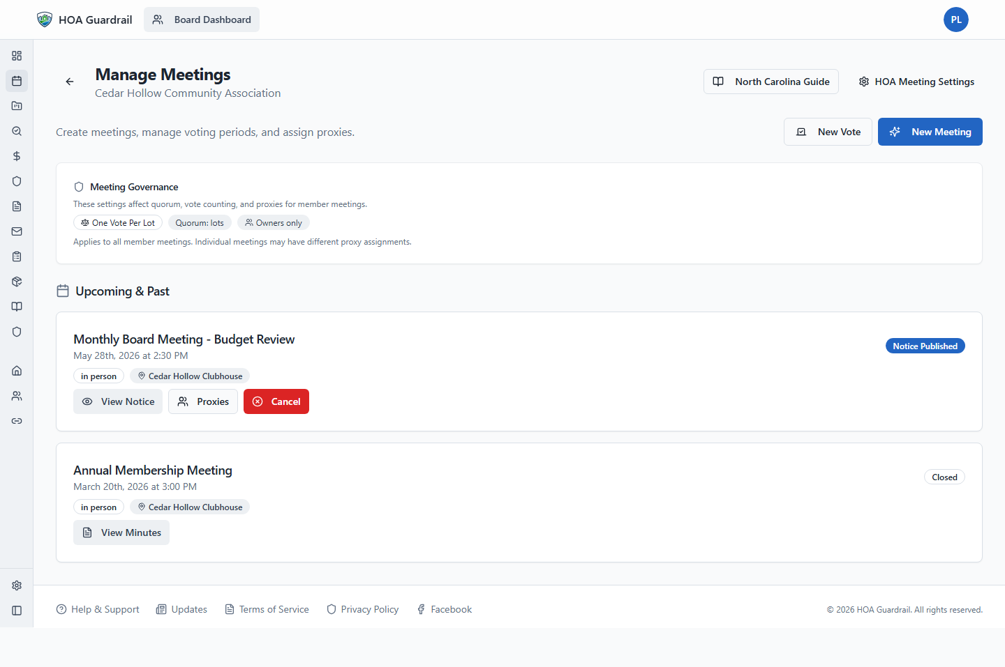 Cedar Hollow sample meetings and governance screen in HOAGuardrail